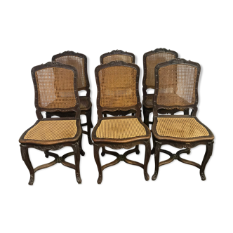 Suite de 6 chaises Louis XV en chêne et cannage,19eme