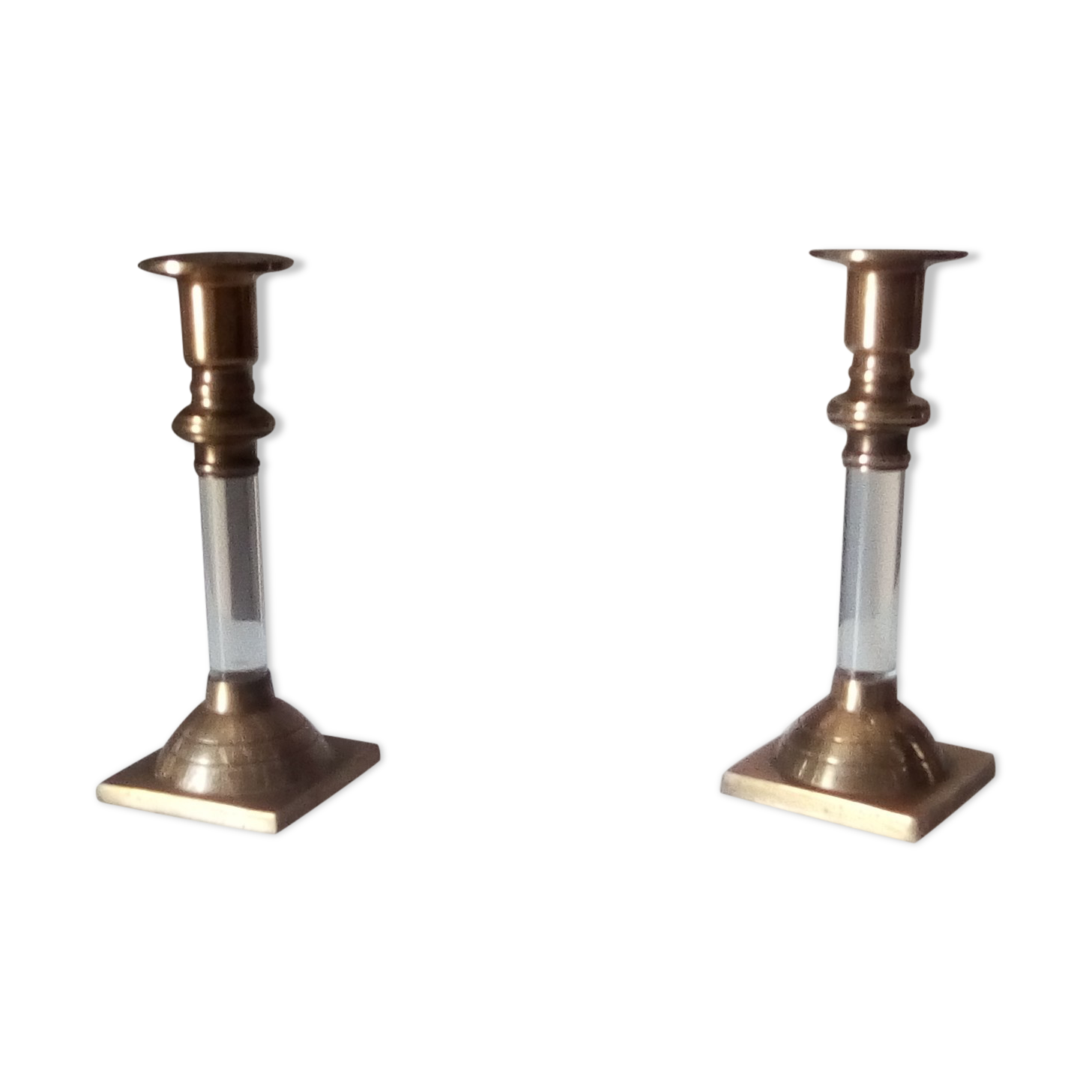 Pair of vintage candlesticks in solid brass and lucite