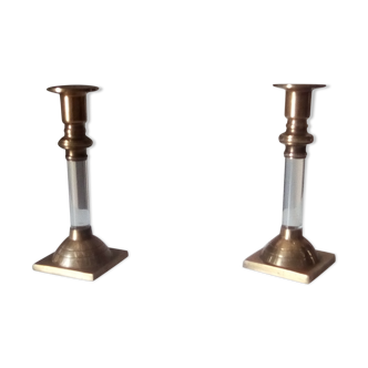 Pair of vintage candlesticks in solid brass and lucite