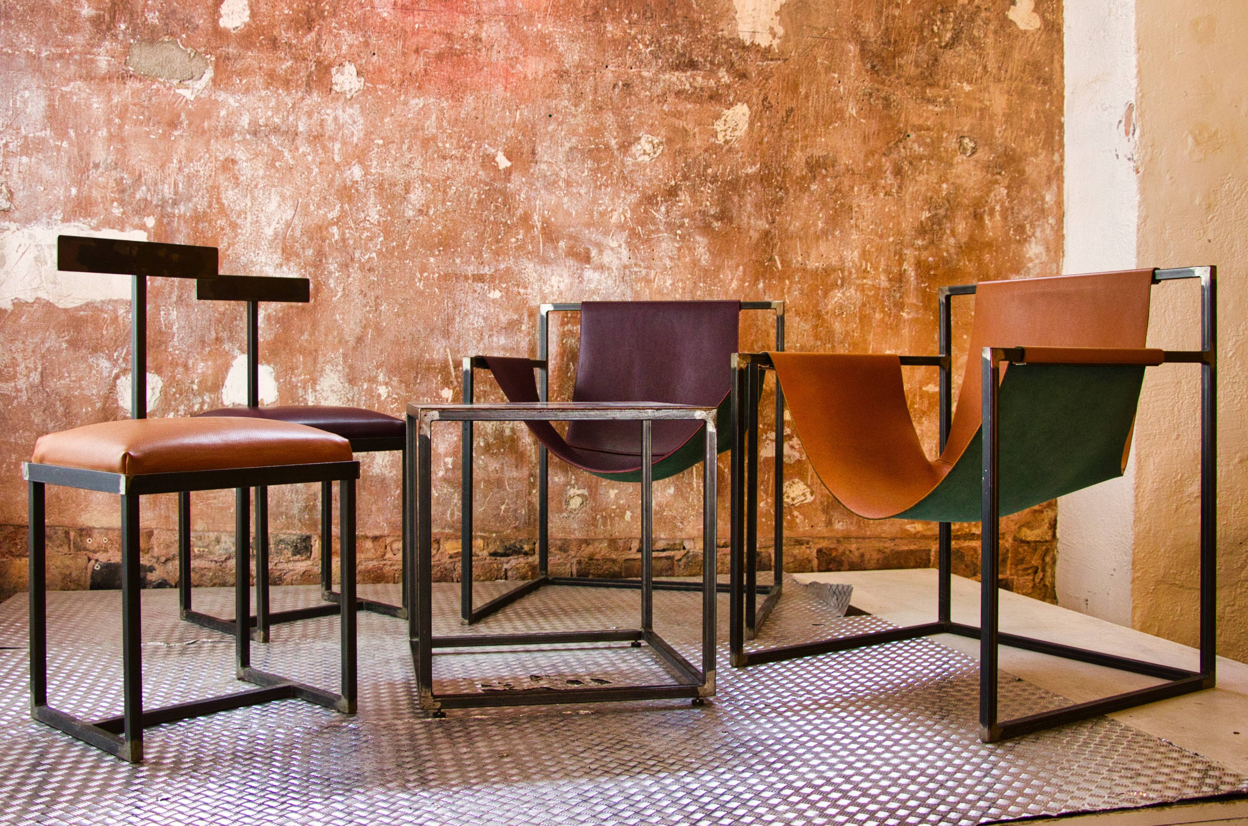 Burgundy leather armchair metal style indus contemporary design