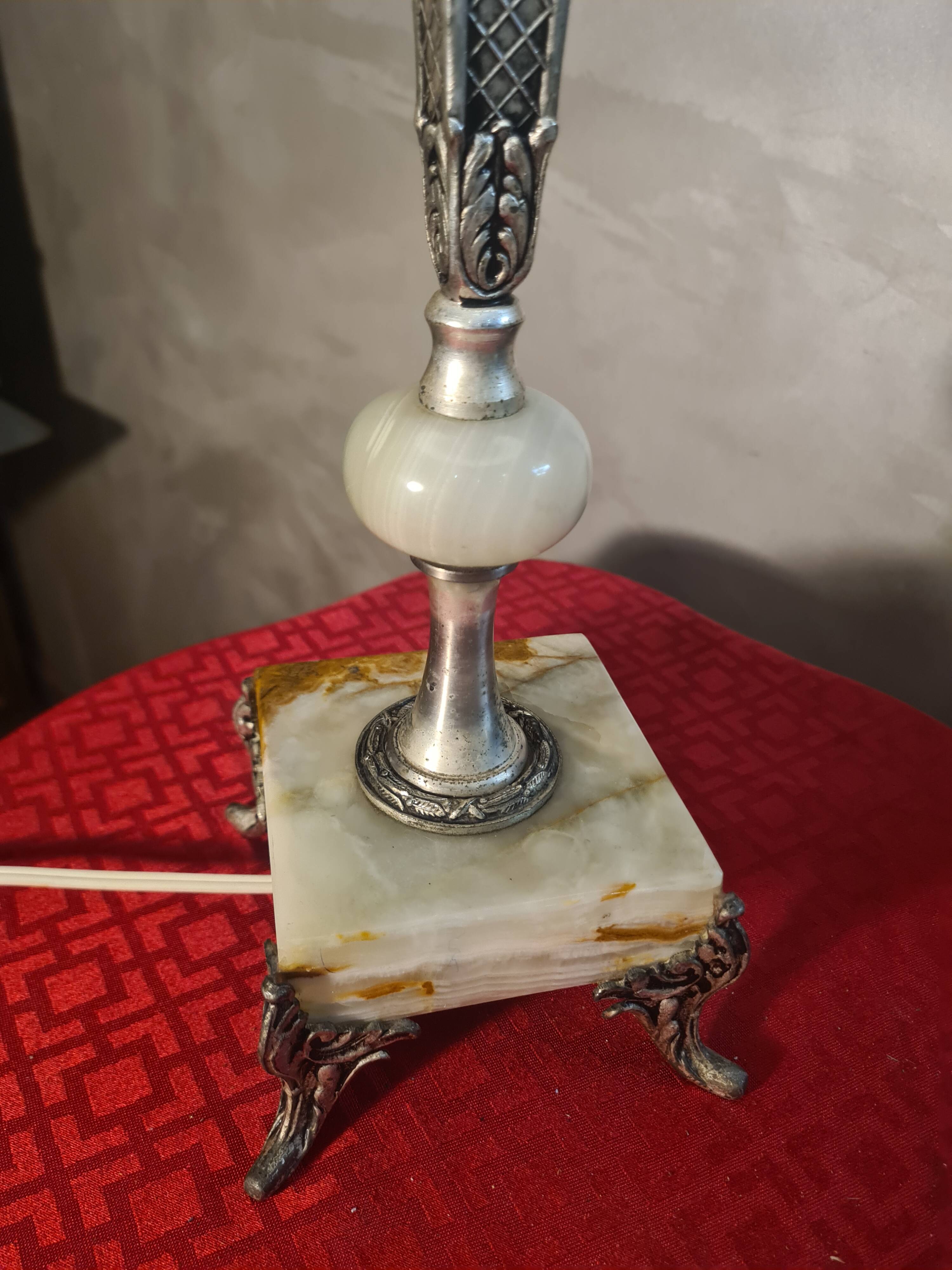 Onyx marble lamp 1970, new linen shade 53x23.