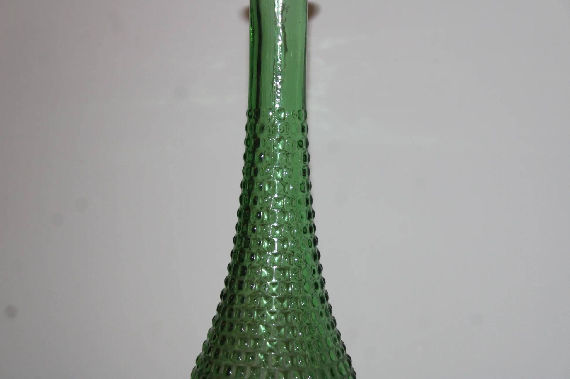 Vintage green glass bottle vase with geometric relief – H 33 cm