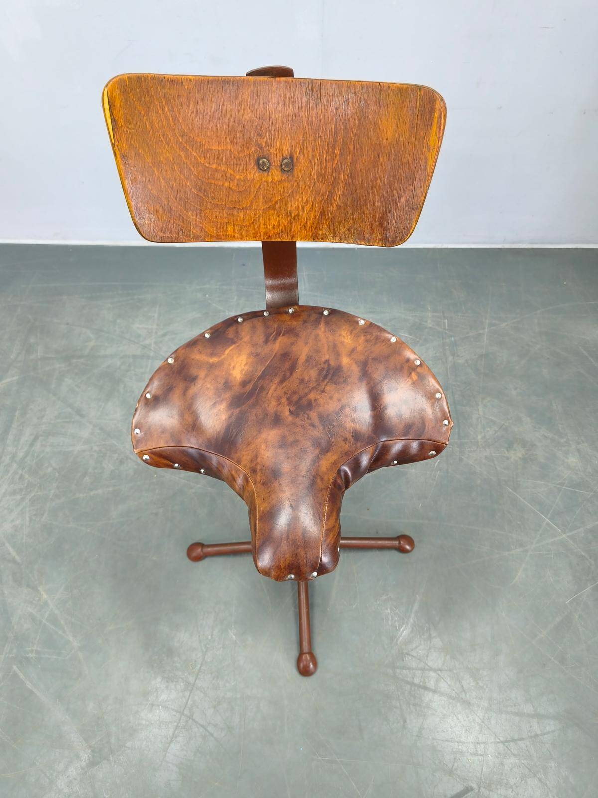 1930s Industrial Adjustable Swivel Chair with Leather Seat
