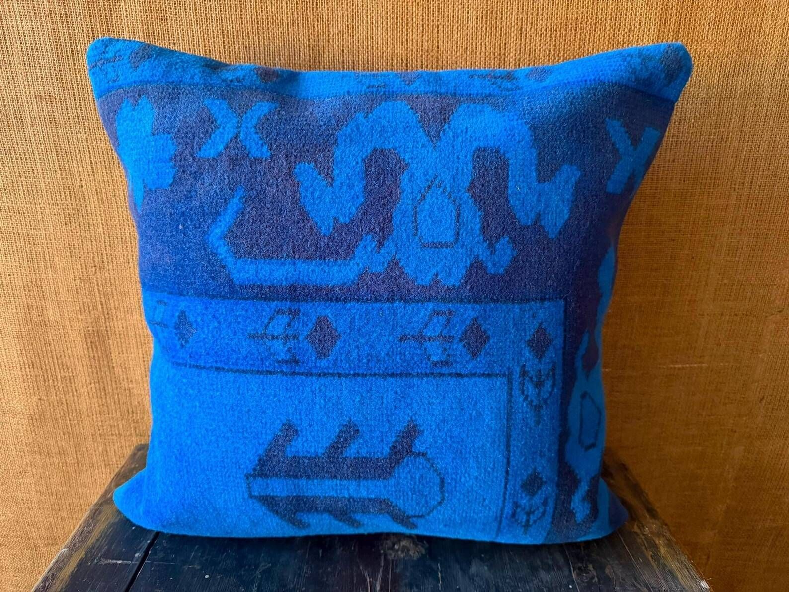 Vessel Motif Rug Cushion, Cobalt Navy Wool, Tribal Kilim Decor 20x20