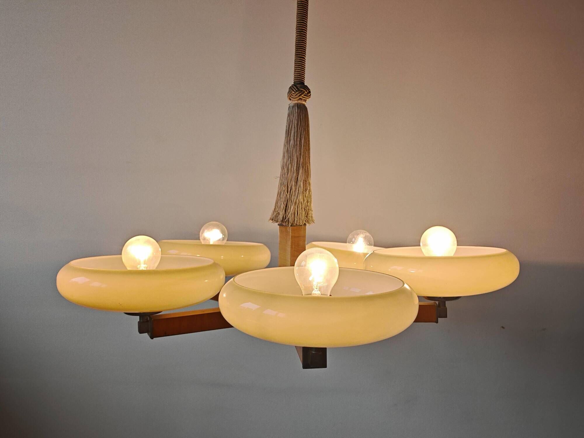 Art Deco Chandelier with 5 Arms and Round Shades from the 1930s