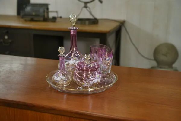 Set of pink blown glass carafes and glasses, 1950s