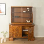Classic two-piece Art Deco display cabinet from the 1930s with striking burl wood veneer
