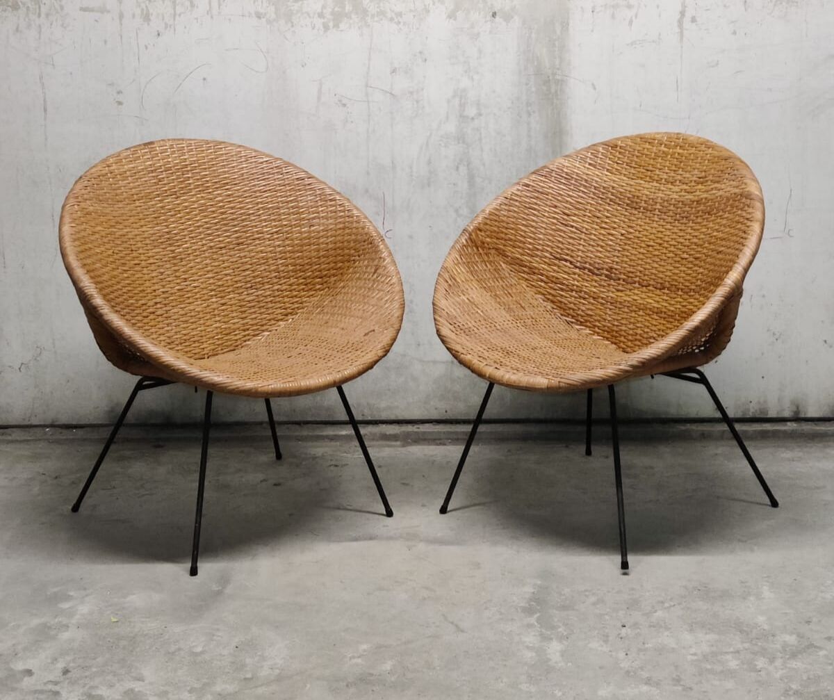 Pair of braided rattan armchairs