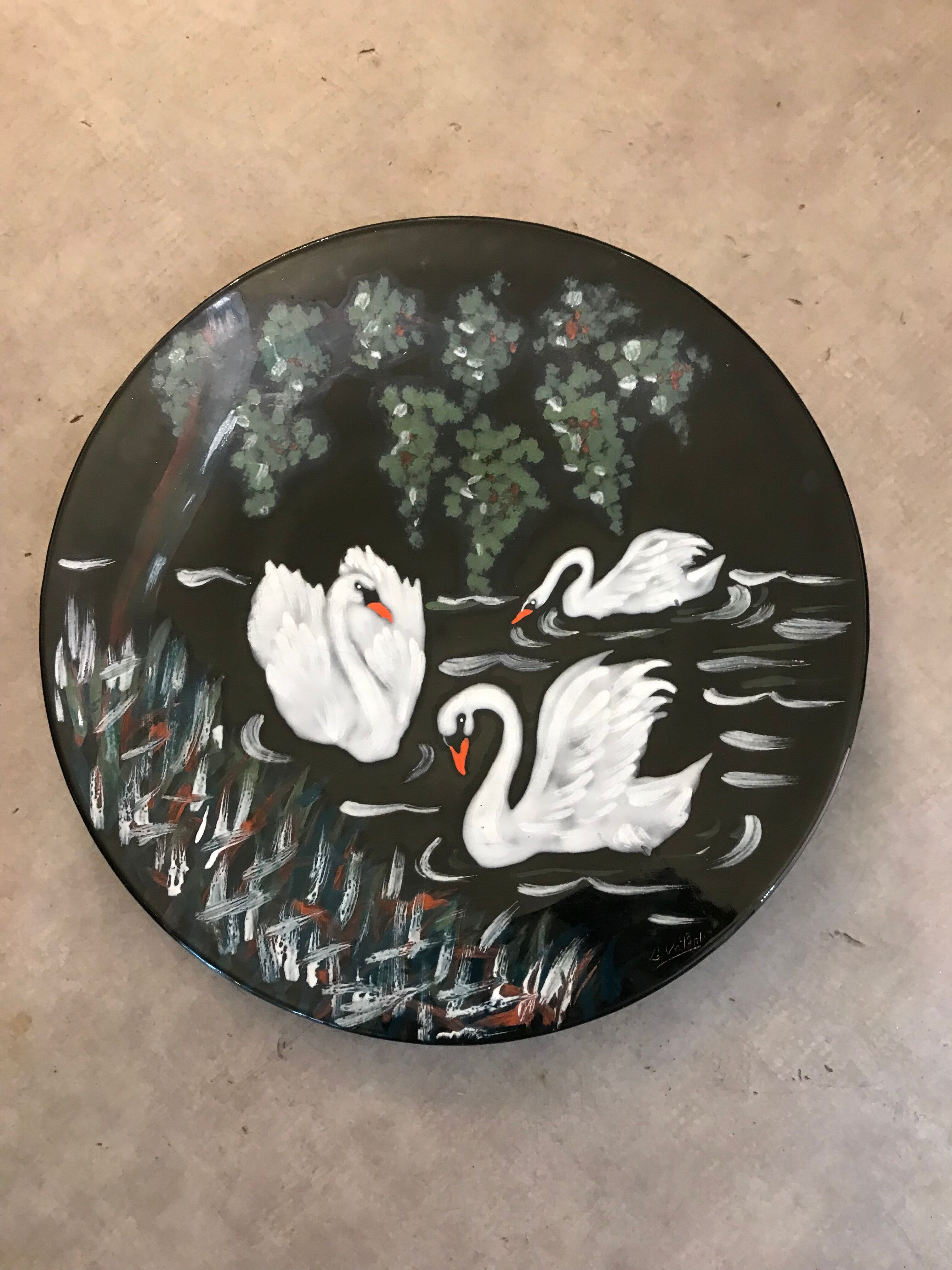 Dish faience de longwy signs l. valenti decor of authentic swans 60s