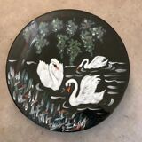 Dish faience de longwy signs l. valenti decor of authentic swans 60s