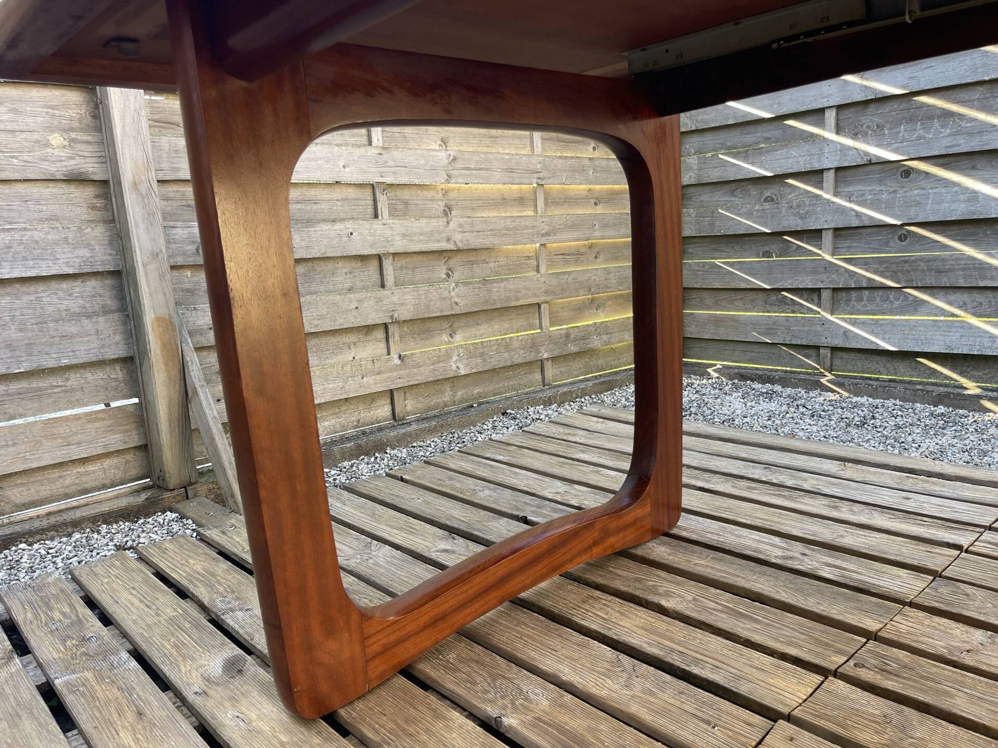 Extendable teak table, sled base, vintage style.