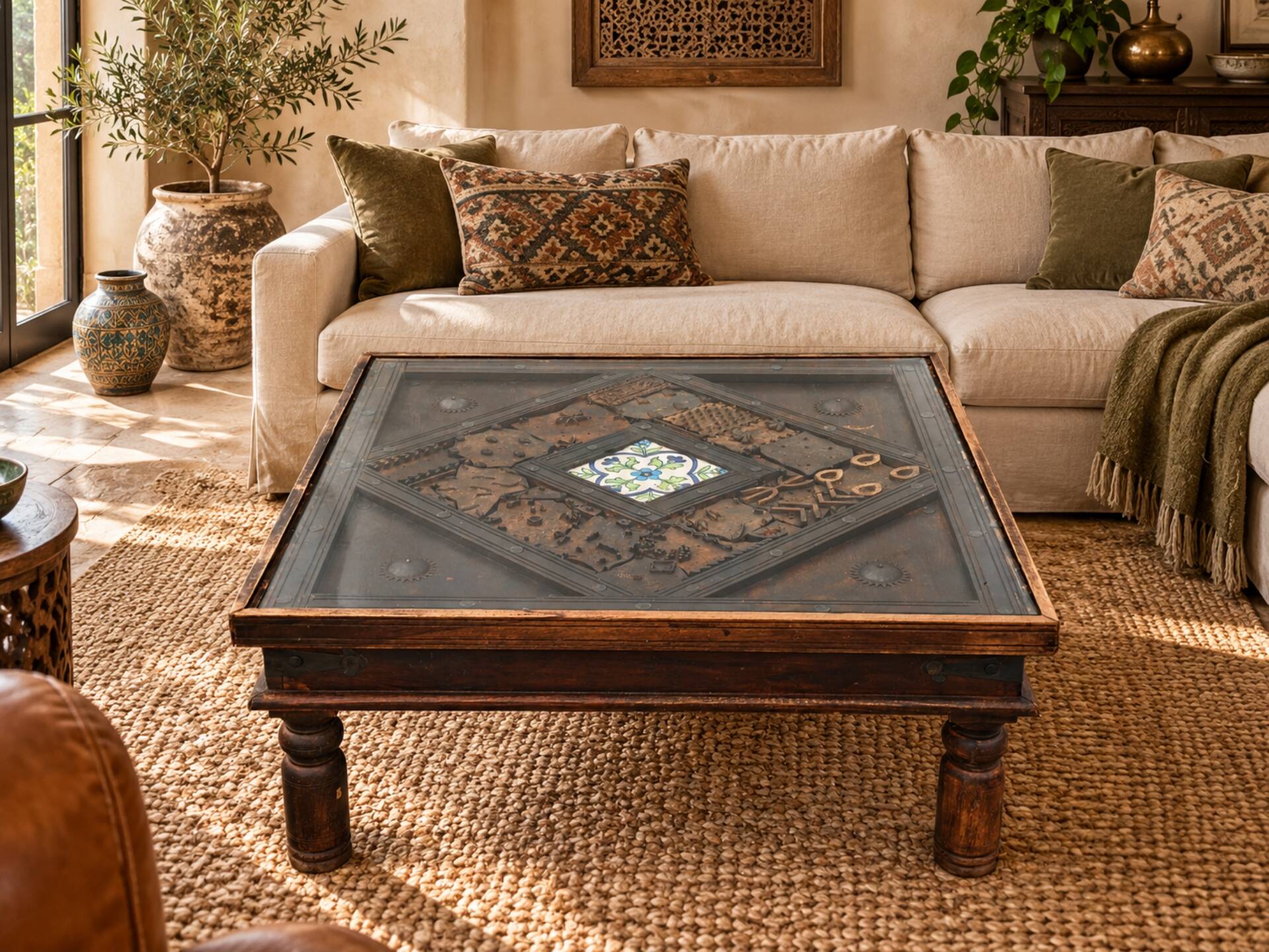 Large square vintage coffee table in wood, glass, and metal decor.
