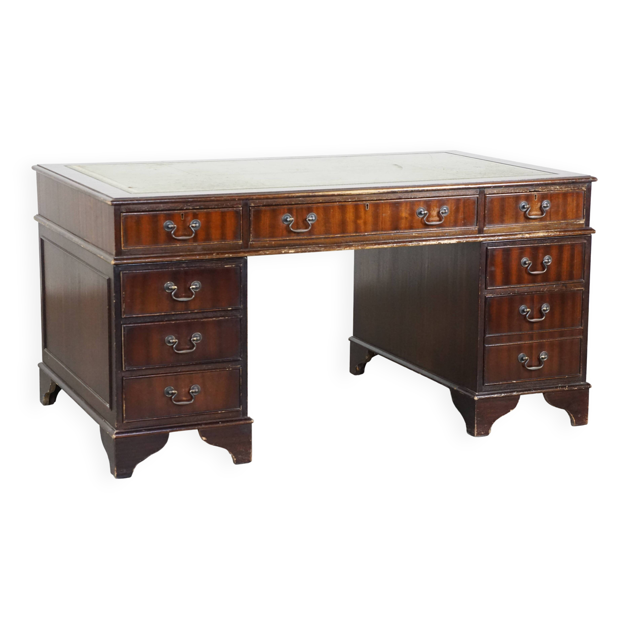 English style chesterfield desk with patina and a green leather top