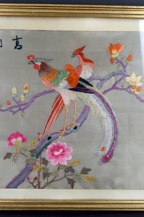 Broderie ancienne sous verre, Couple d'Oiseaux, Soie, Chine, Début XXe
