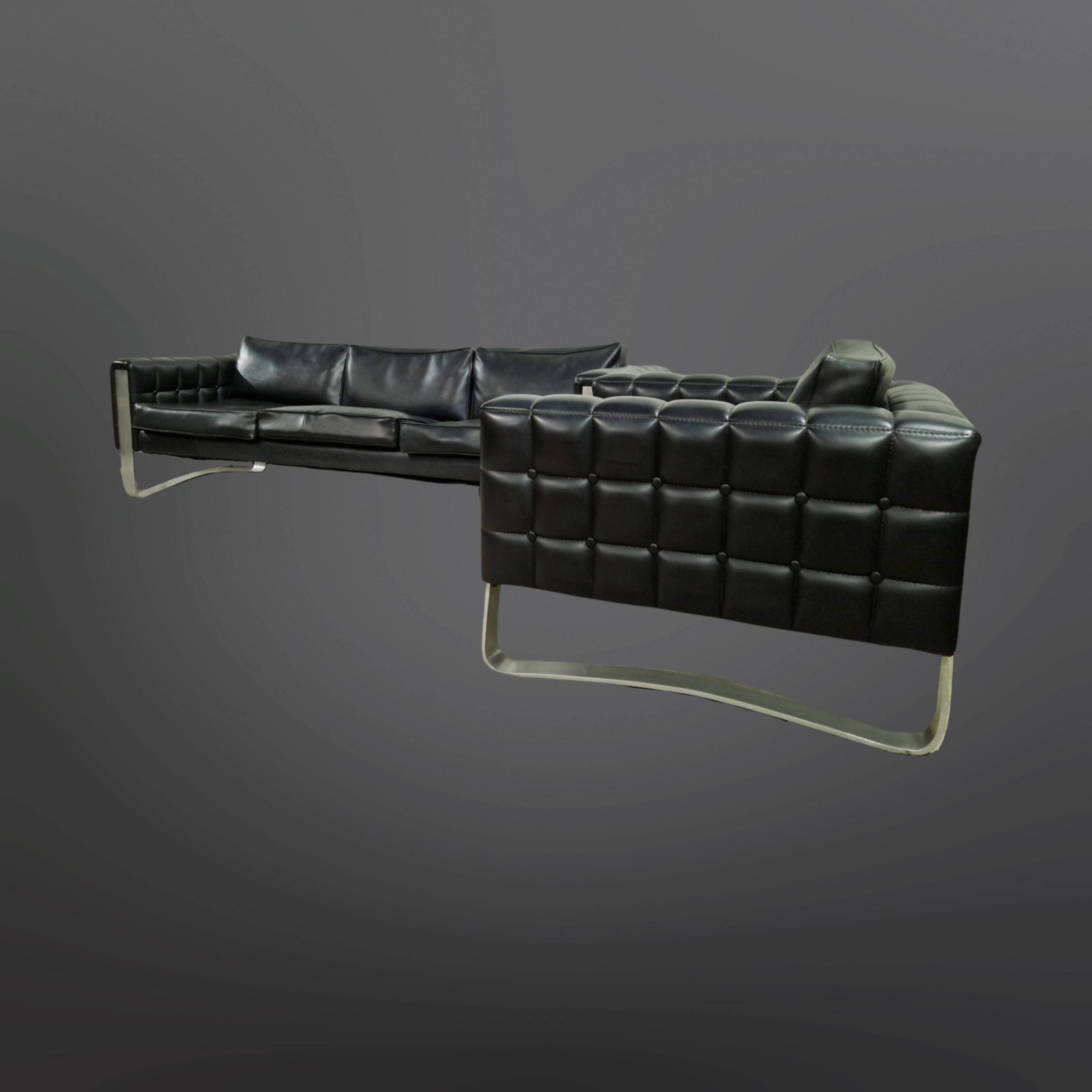 Groupe de sièges modernistes en vinyle noir et métal, Danemark 1950