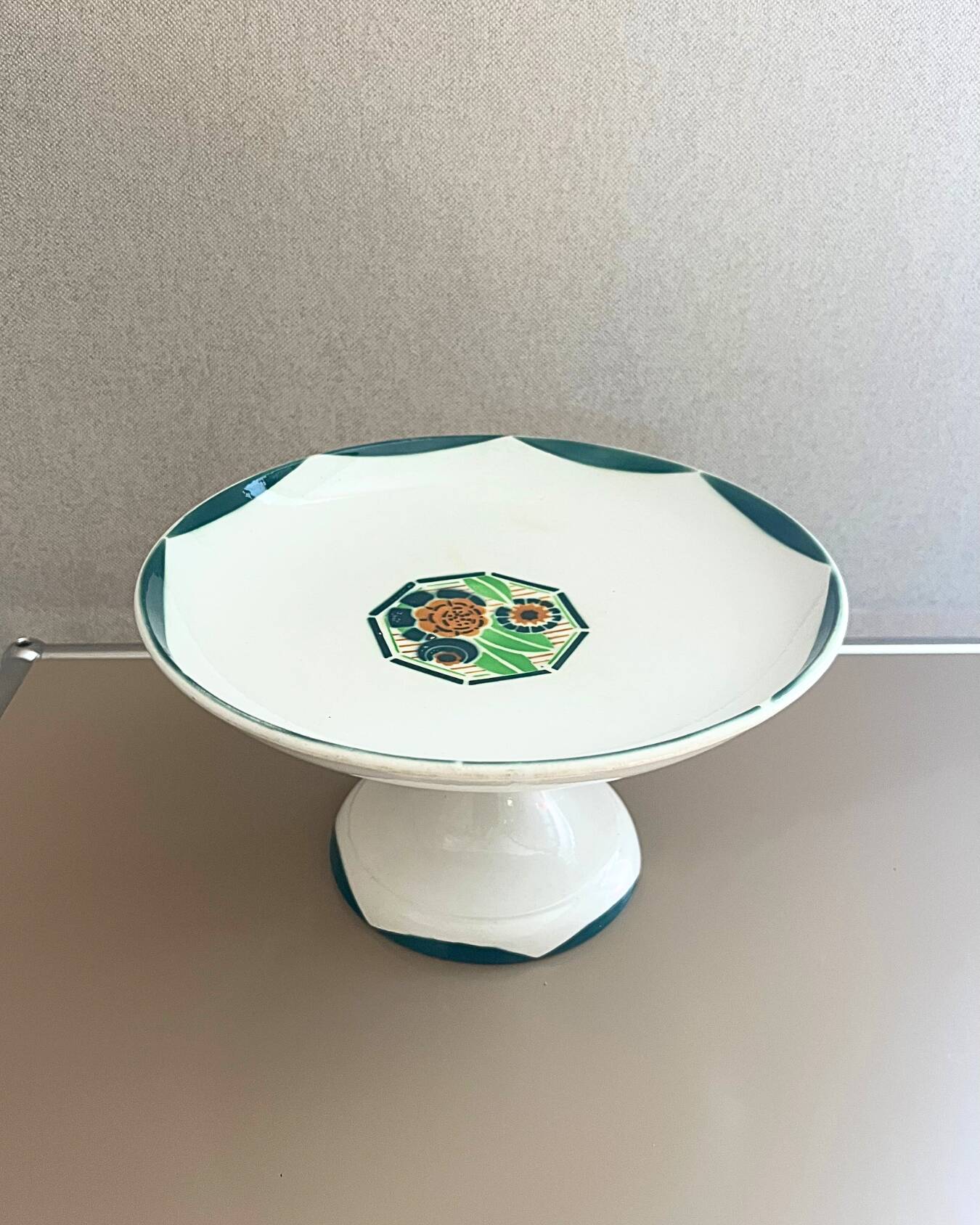 Vintage Sarreguemines earthenware footed dish – floral decoration – 1950s