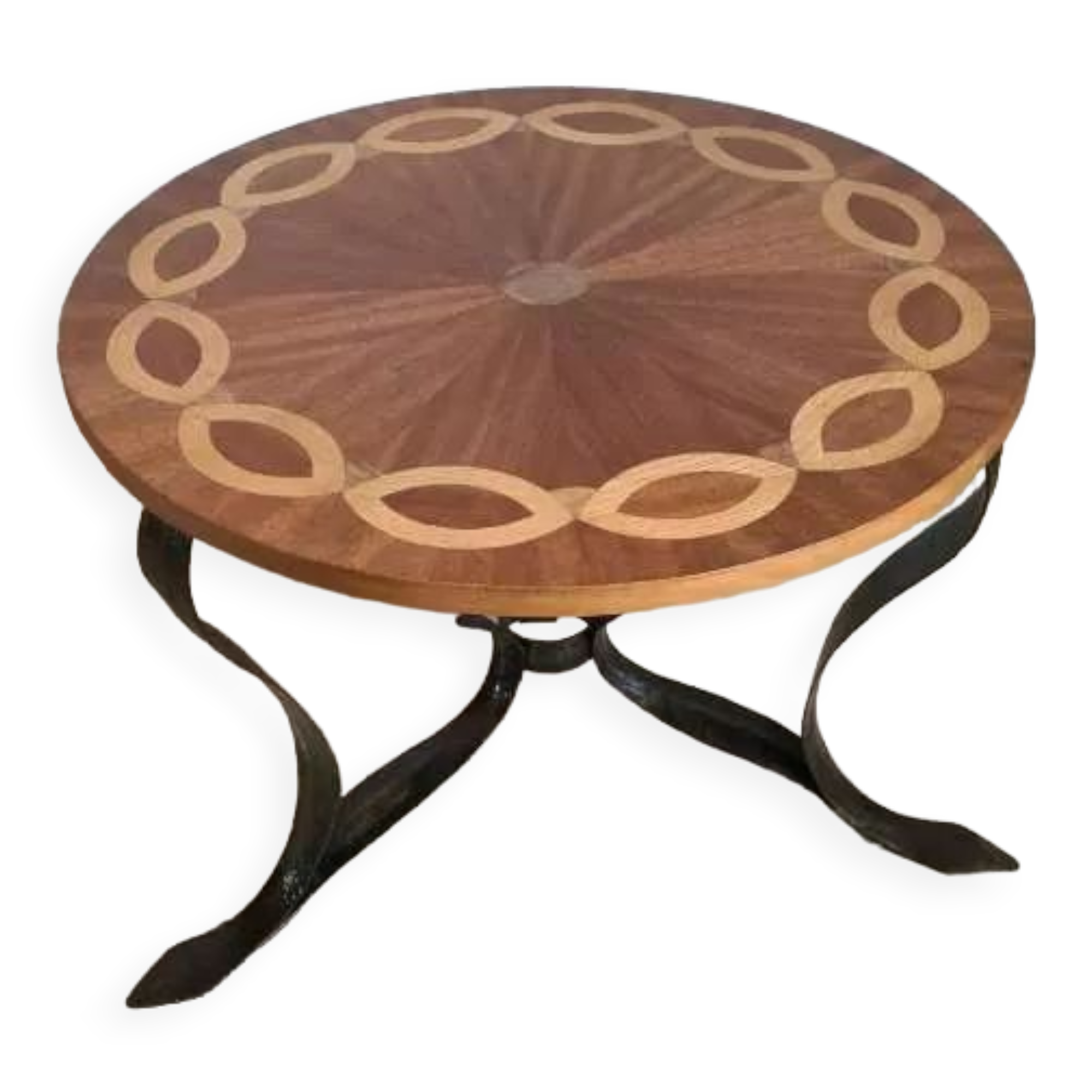 Marquetry and wrought iron coffee table