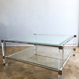 Square plexiglass coffee table, brass and glass Pierre Vandel