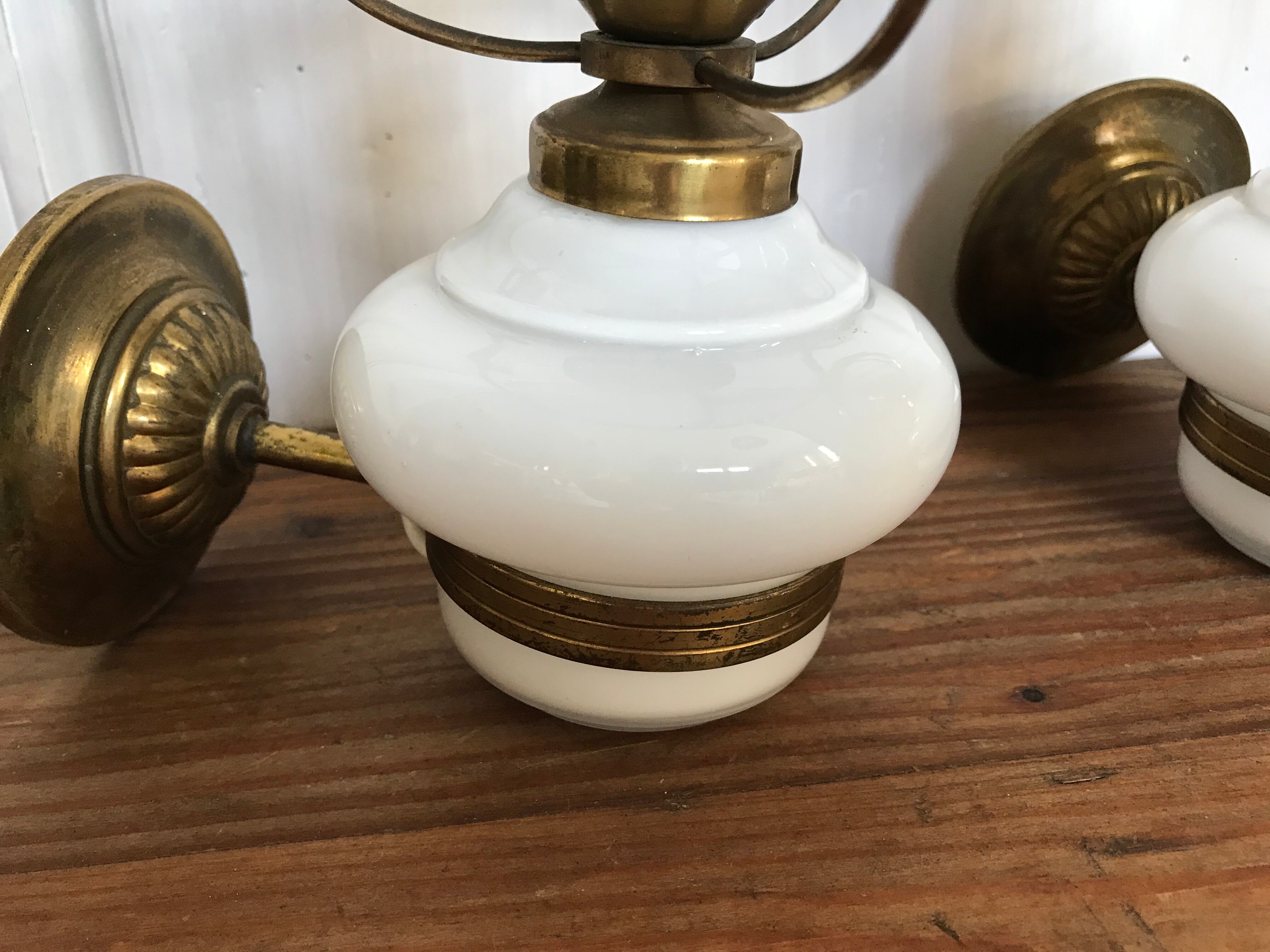 Pair of brass and opaline sconces