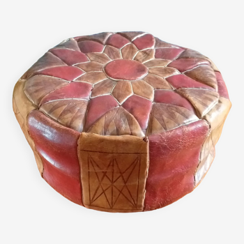 Pouf marocain vintage en cuir naturel