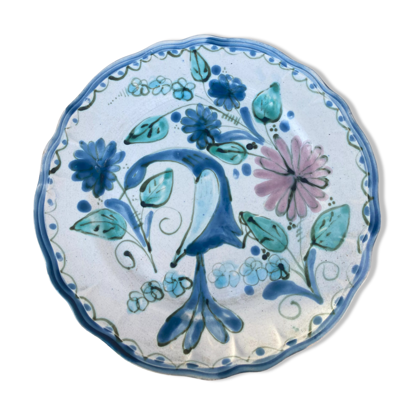 Decorative plate decorated with bird and flowers blue and pink vintage