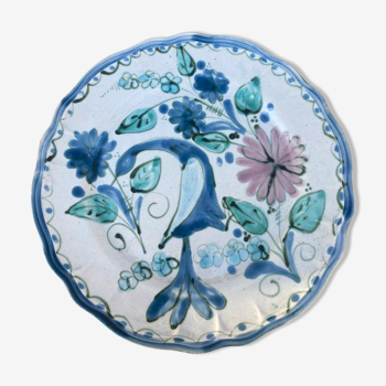 Assiette décorative à décor d’oiseau et de fleurs bleu et rose vintage