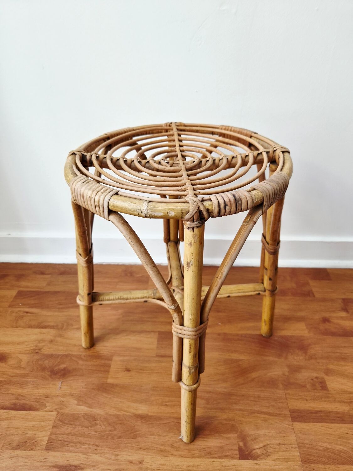 Vintage rattan stool in retro bohemian style - 1950s/1960s -