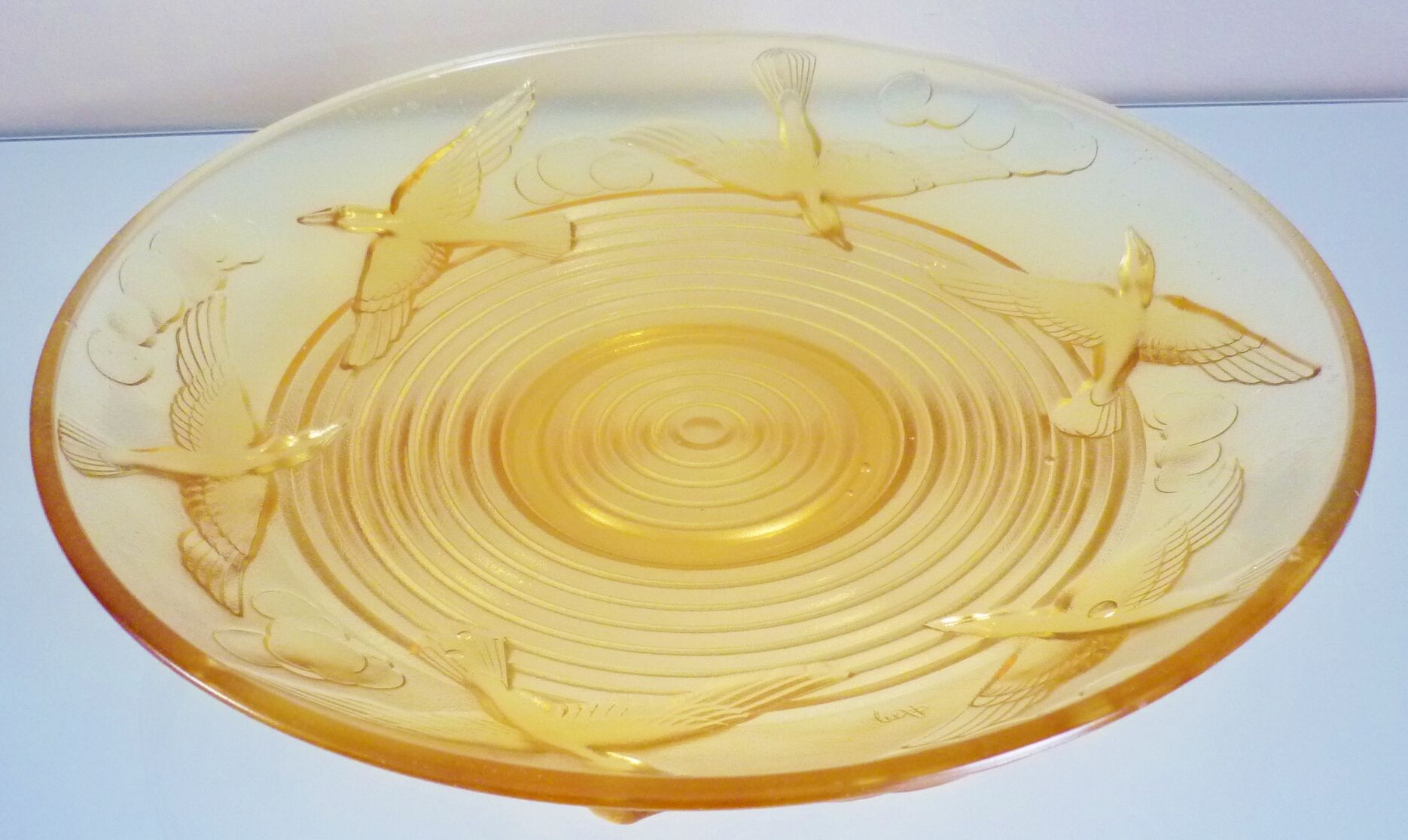 Cup, art deco centerpiece, 1930, pressed glass, molded, signed A.Miguel, albatross