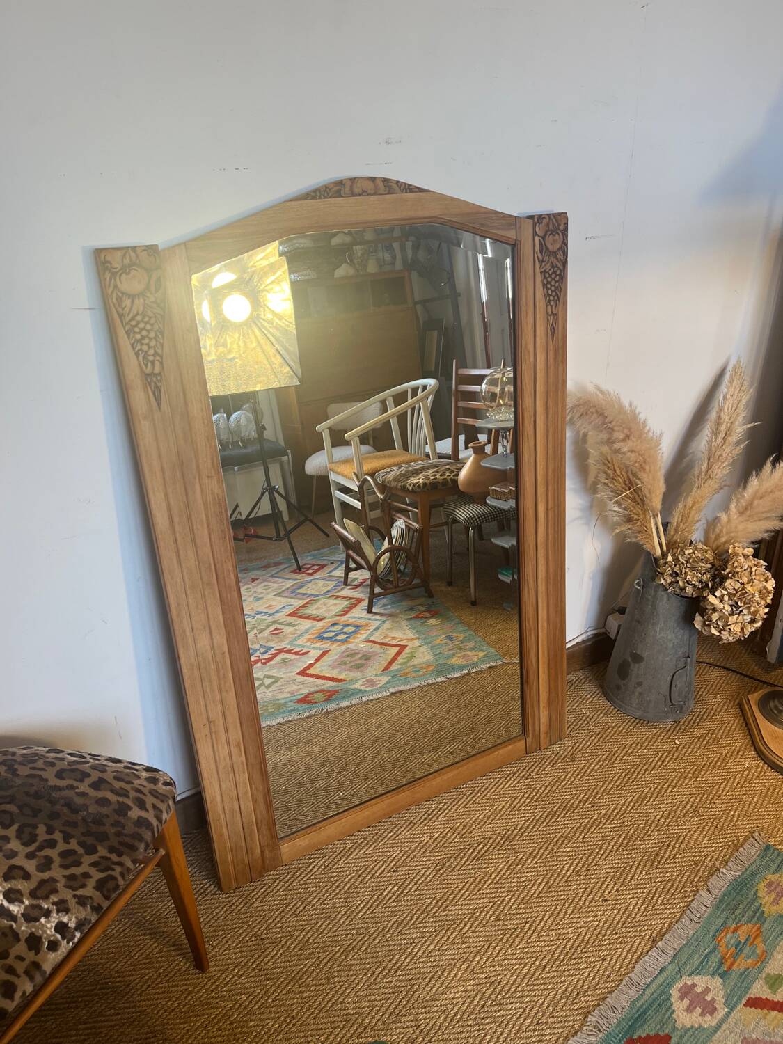 Large old art deco mirror in wood and beveled glass