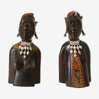 Pair of greenhouses books African bust in exotic wood