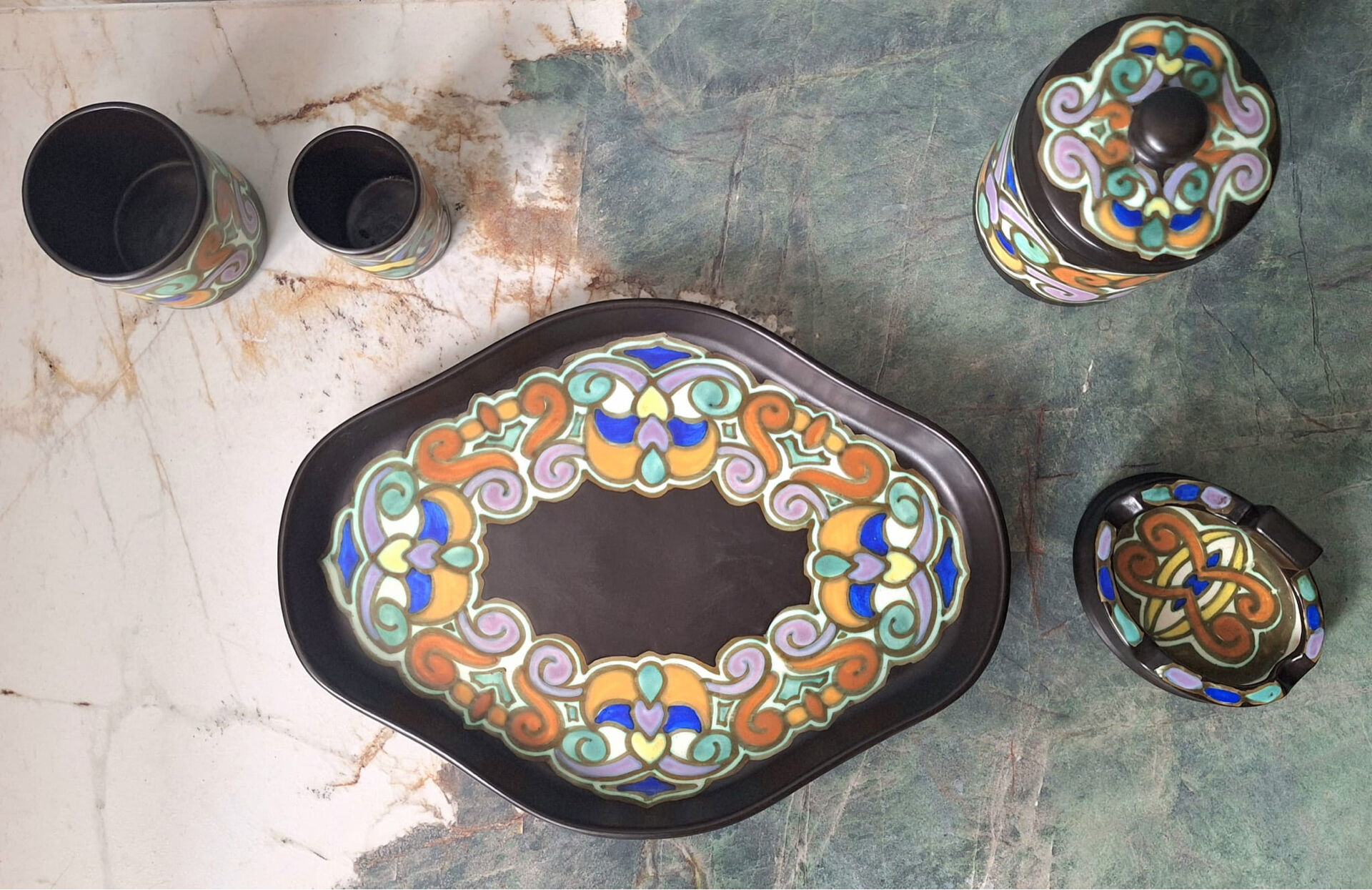 The Montoise Ceramics set of 5 art deco ceramic pieces.