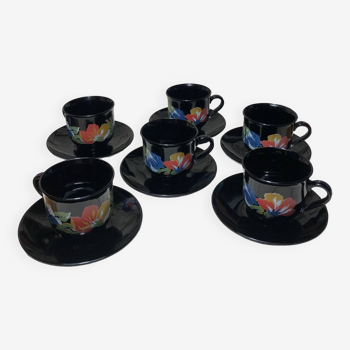 6 tasses et soucoupes Arcoroc noires fleurs vintage France