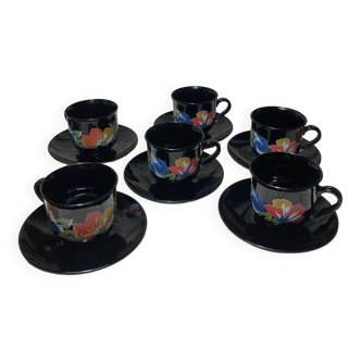 6 tasses et soucoupes Arcoroc noires fleurs vintage France