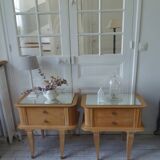 Pair of vintage bedside tables in raw wood, mirrored tops.