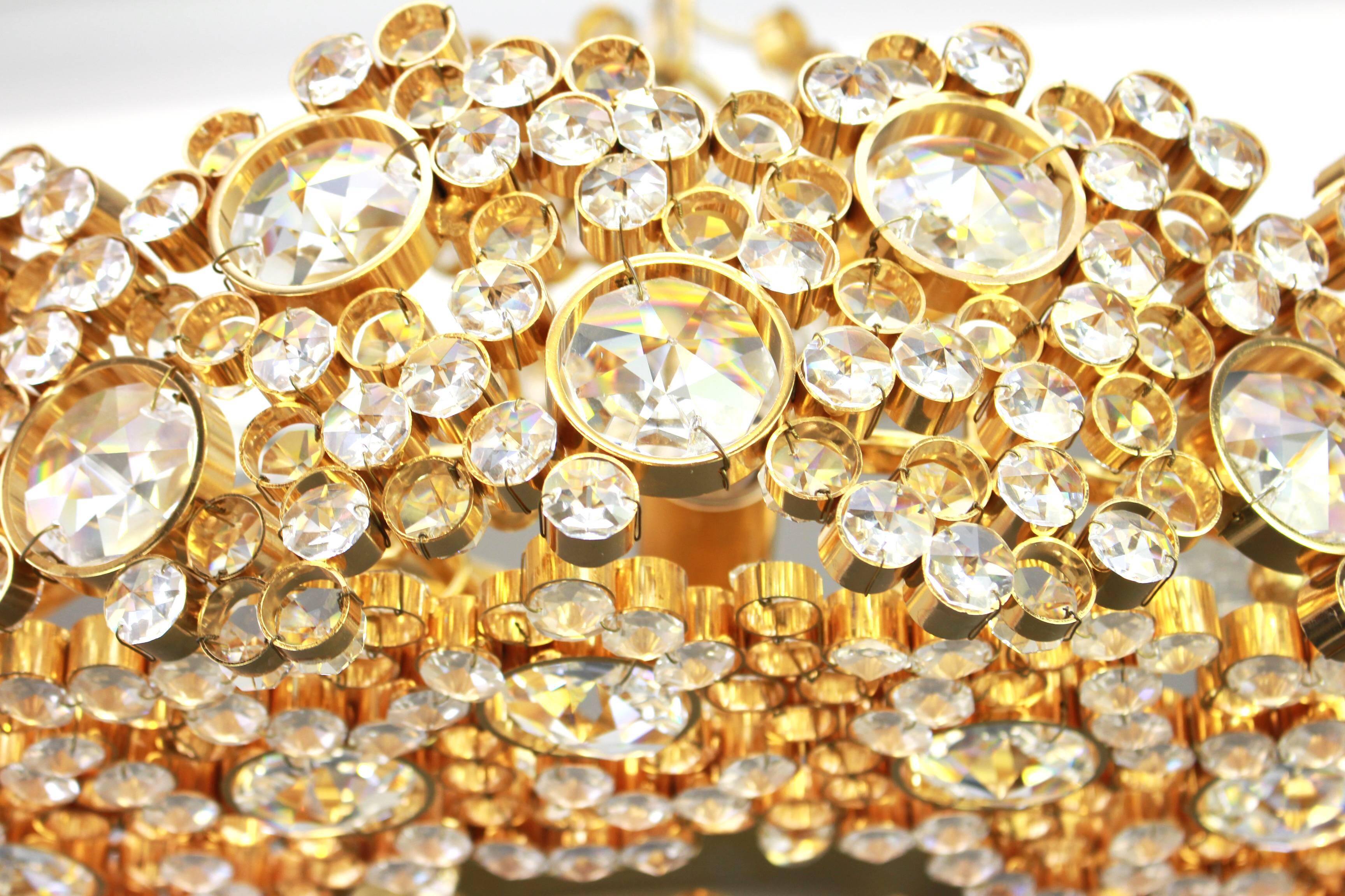 Golden brass chandelier with crystal glass inlays by Palwa, Germany, 1970s.