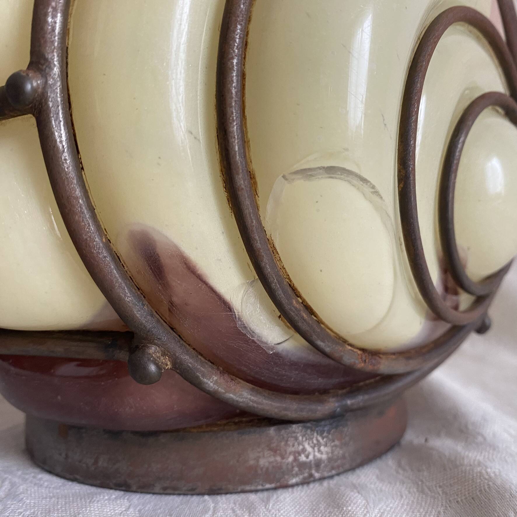 Art Deco vase in marbled glass and wrought iron, 1930s.