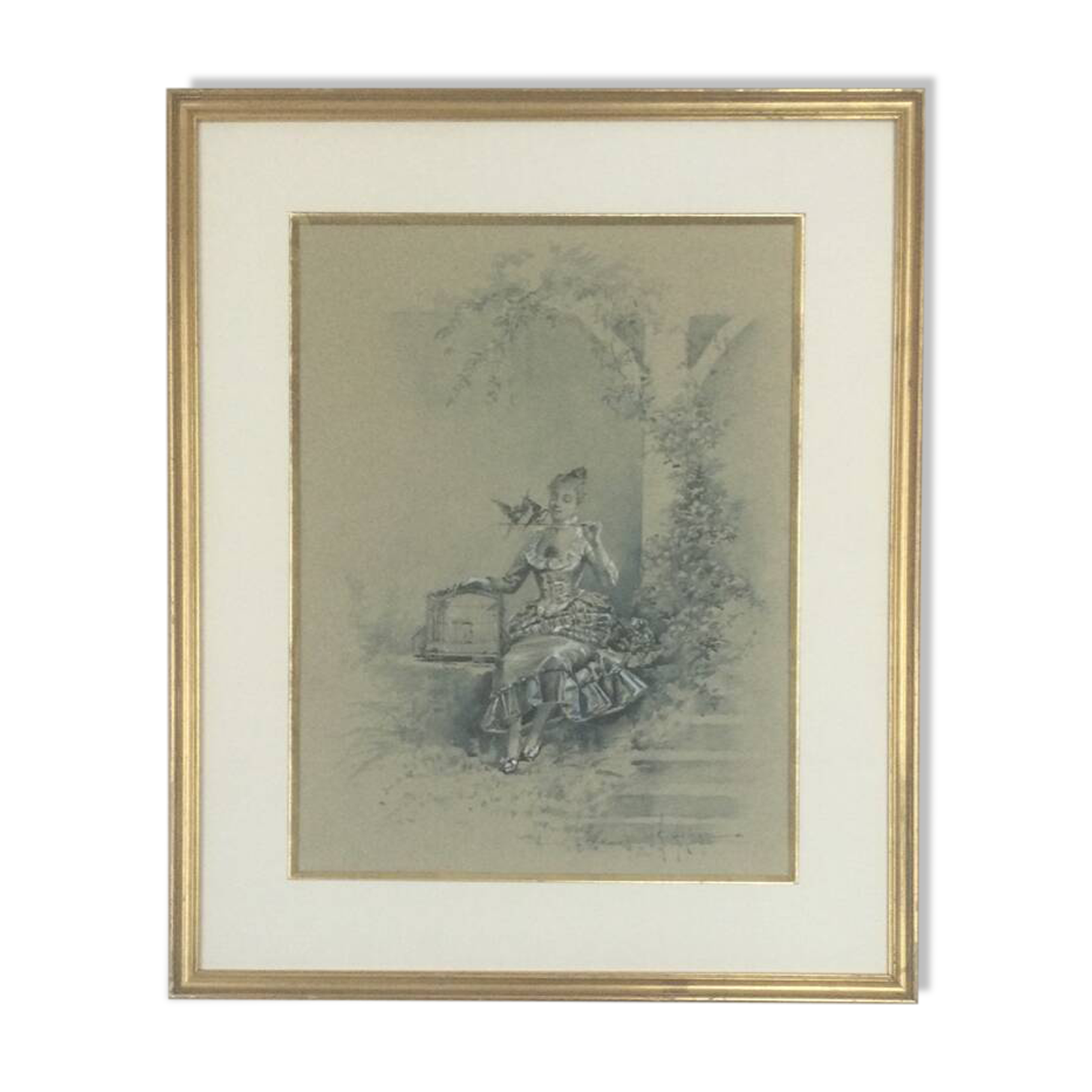 Elegant with birds, wash and gouache by Eugene GRIVAZ, 1860-1918