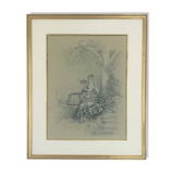 Elegant with birds, wash and gouache by Eugene GRIVAZ, 1860-1918