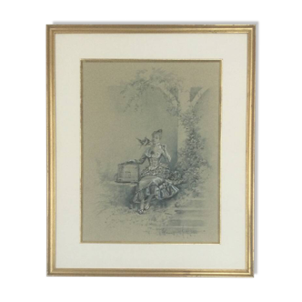 Elegant with birds, wash and gouache by Eugene GRIVAZ, 1860-1918