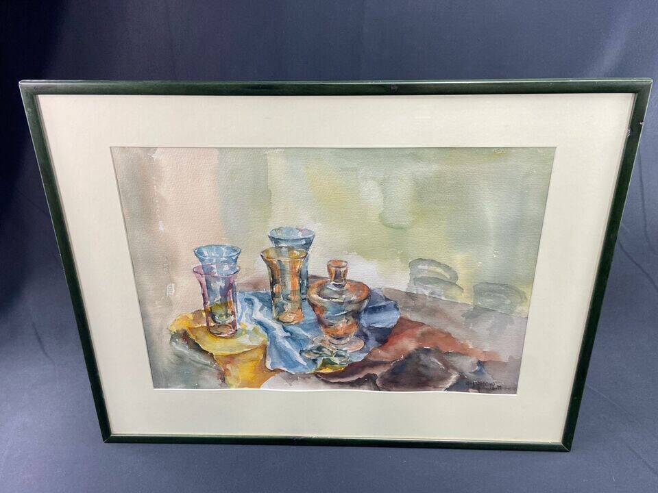 Watercolor painting Still Life with Glasses signed Guy Barbier