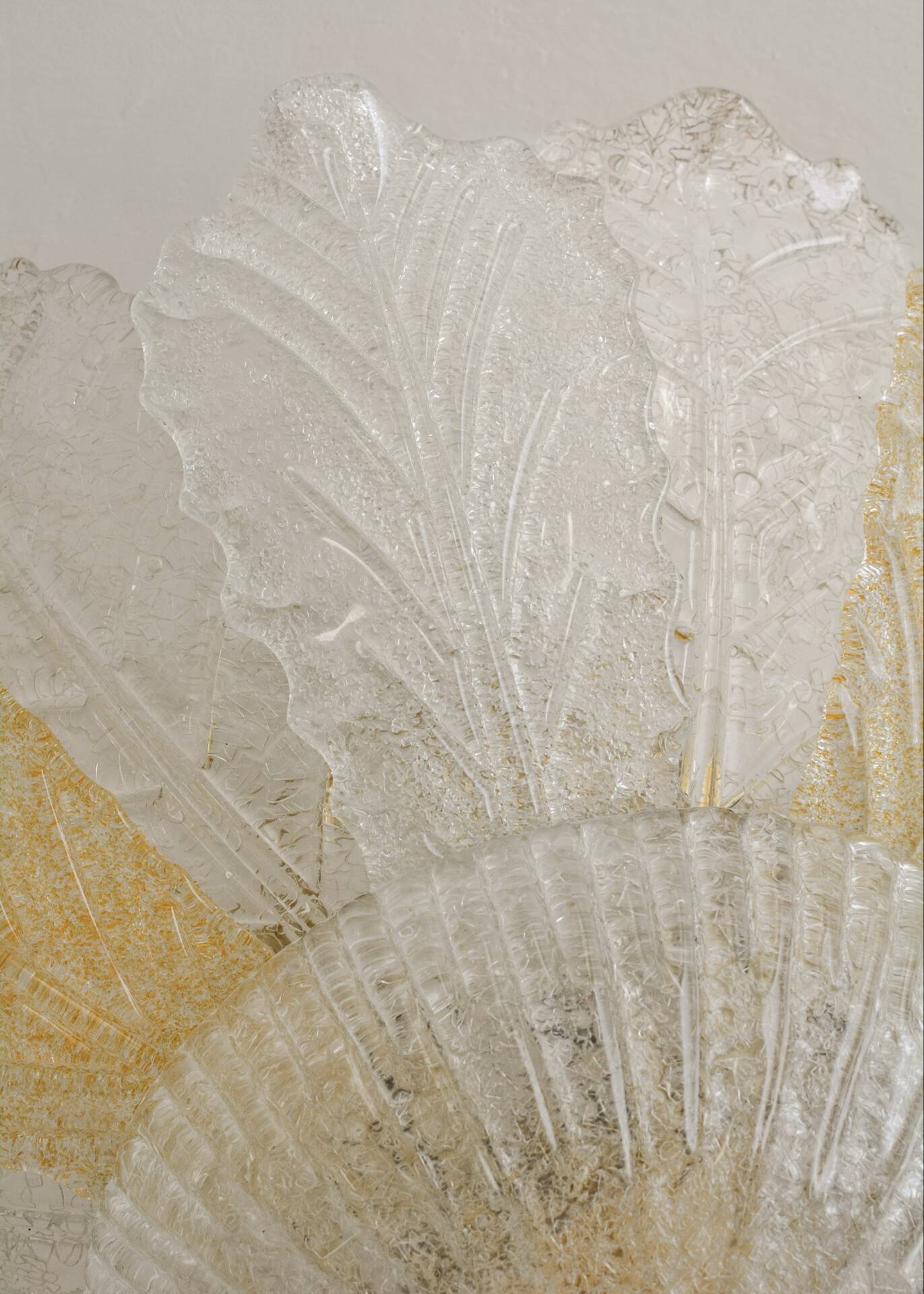 Vintage Murano chandelier/ceiling light with 16 white and amber leaves.