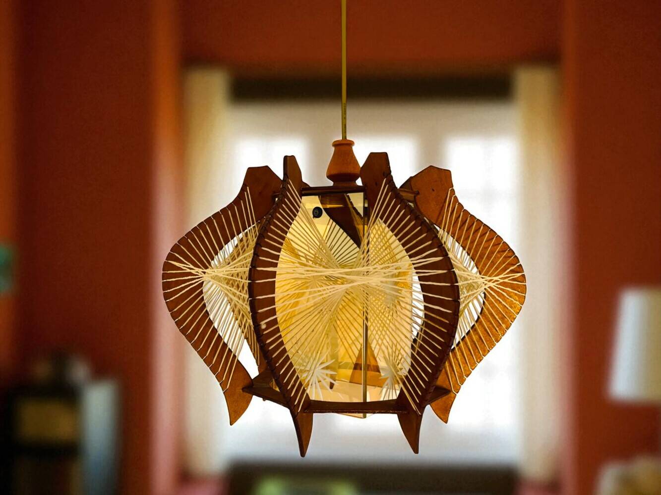 Mid Century wood hanging lamp wooden