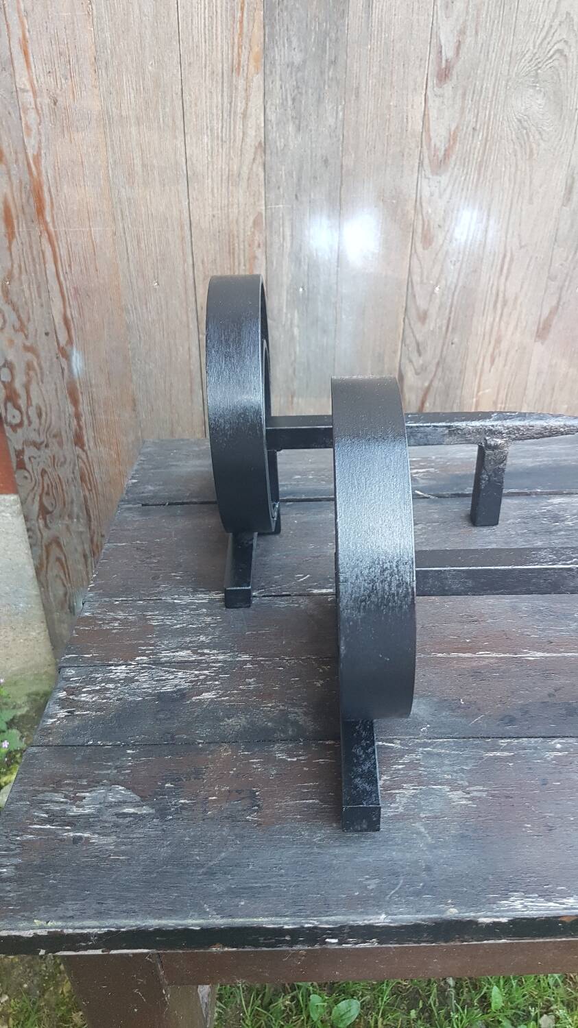 Pair of wrought iron fireplace andirons circular shape vintage