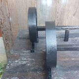 Pair of wrought iron fireplace andirons circular shape vintage