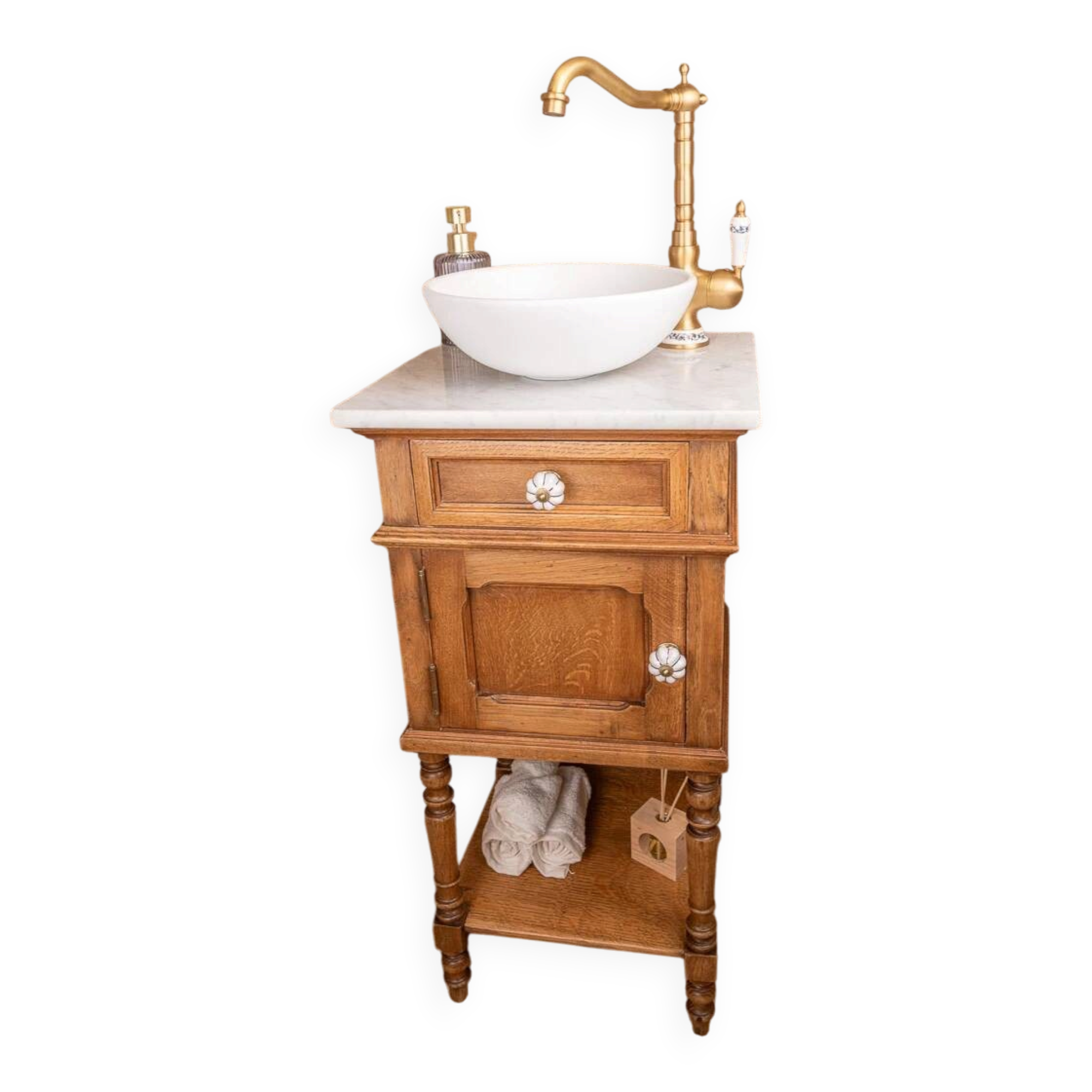 Washbasin / vanity unit in solid oak and white marble