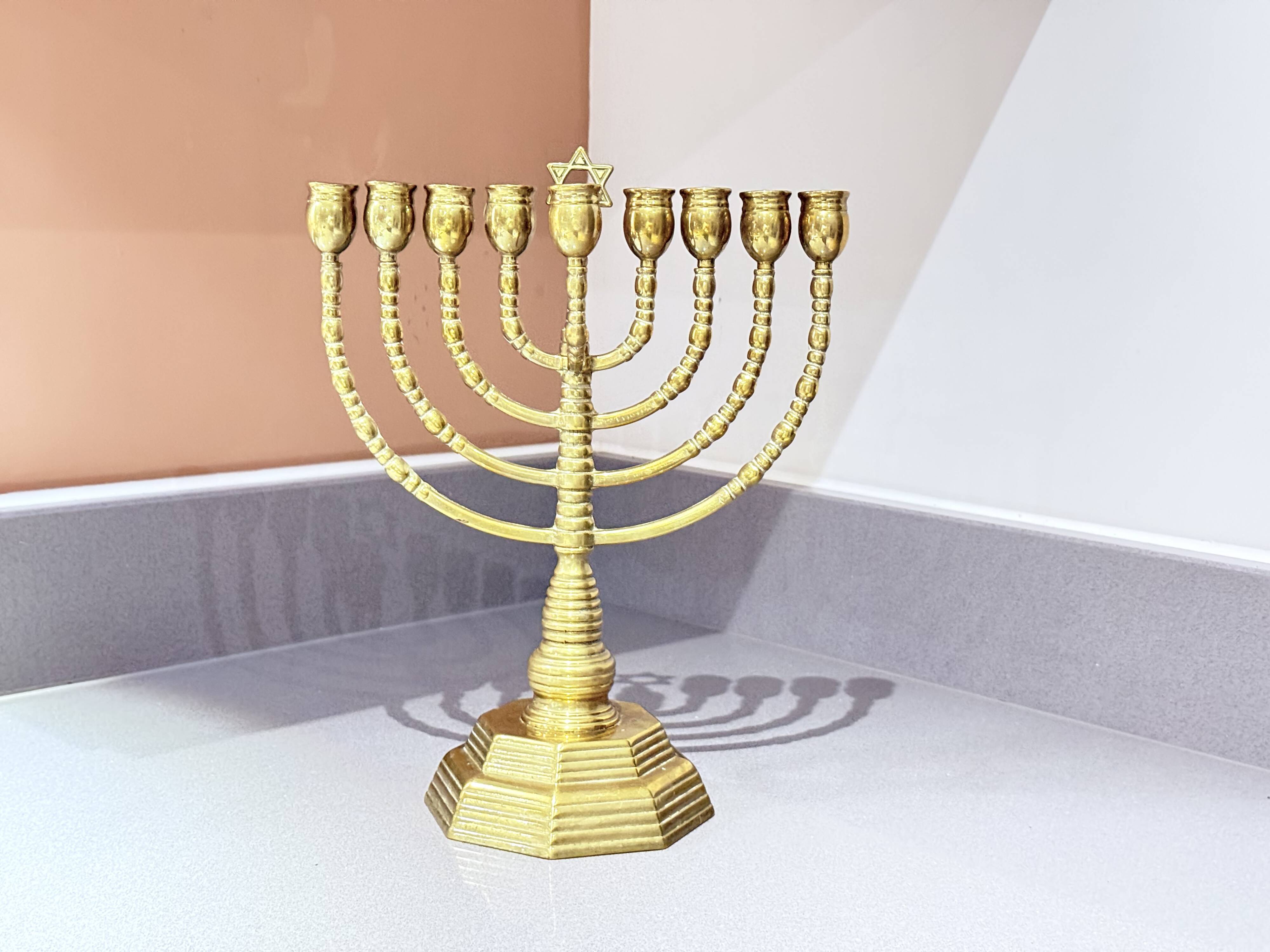 Vintage Candelabras 9 Branch Menorah Jewish Judaica Golden Candle Holders Brass