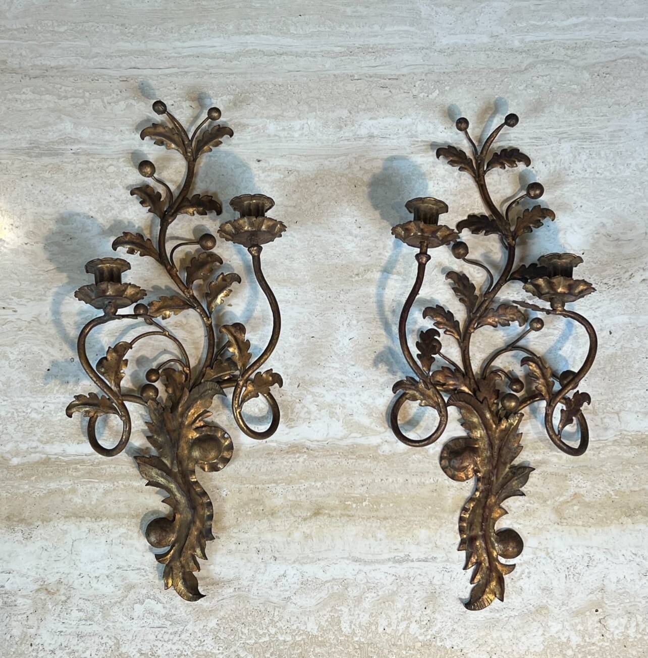 Pair of Two-Arm Wall Lights in Gold Metal with Leaf Decoration