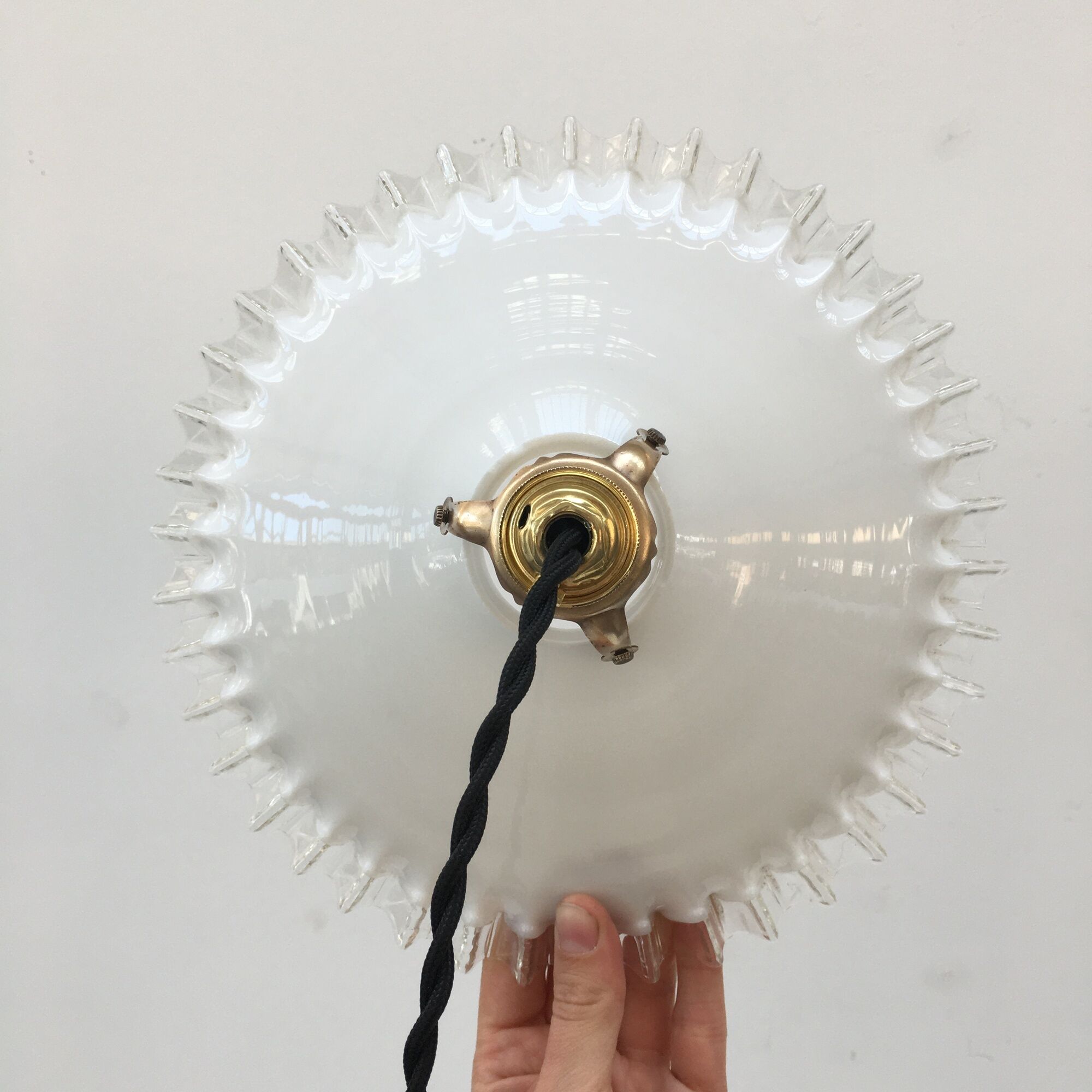 Pairs of vintage suspensions in white opaline with serrated edges