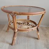 Light rattan lounge table and smoked glass