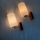 Pair of brass and wood wall lights with white molded glass tulips, 1950s